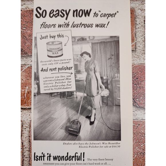 1950 Johnsons Paste Floor Wax Housewife Running Rented Polisher Vtg Print Ad - Picture 1 of 6